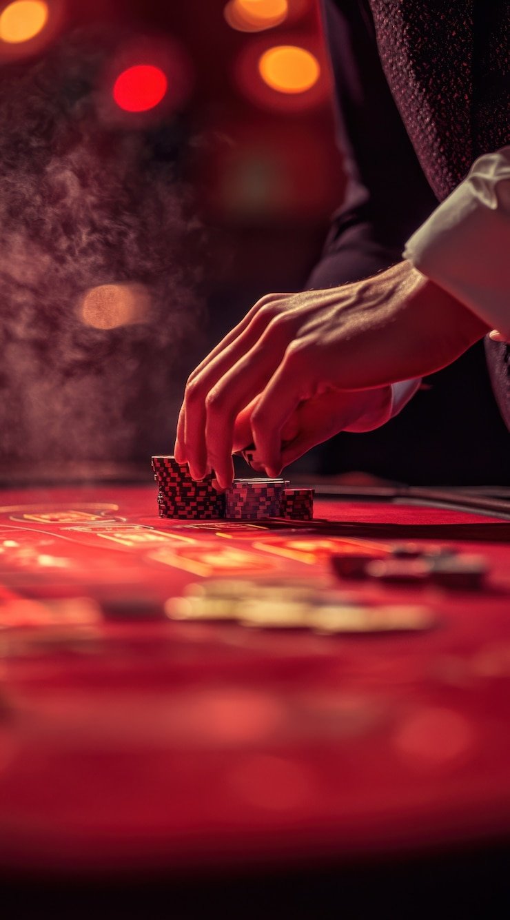 Antarmuka permainan Caribbean Stud Poker menampilkan kartu pemain dan kartu dealer terbuka